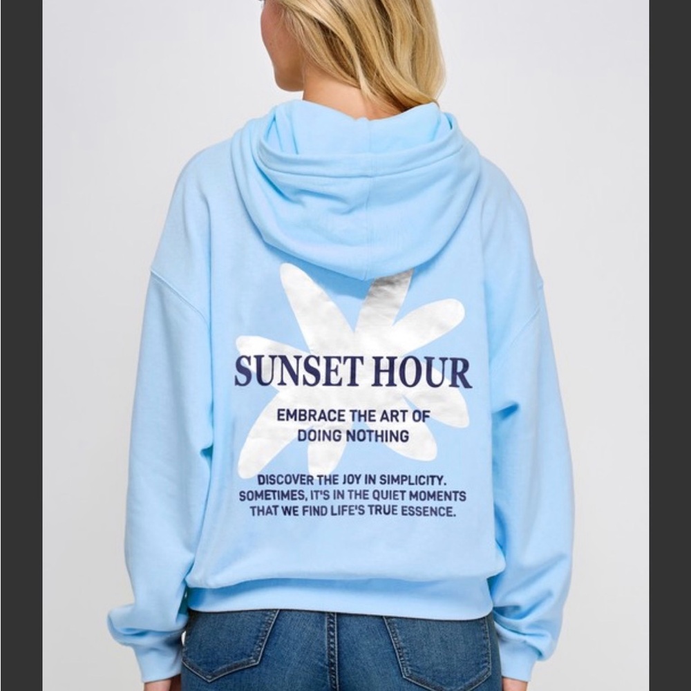 SUNSET HOUR Light Blue Graphic Hoodie